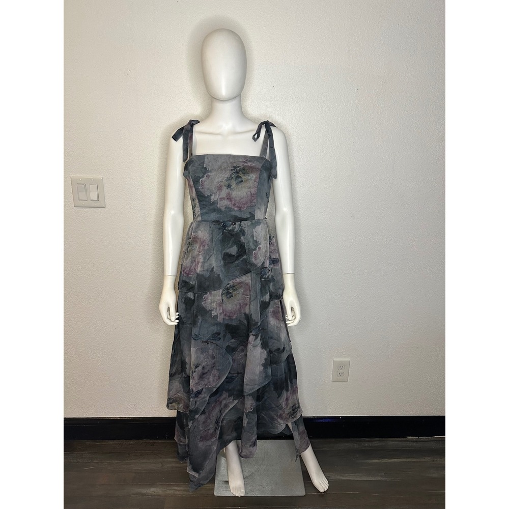 Disturbia Ophelie Chiffon Tiered Maxi Dress Dark Floral Smocked Back